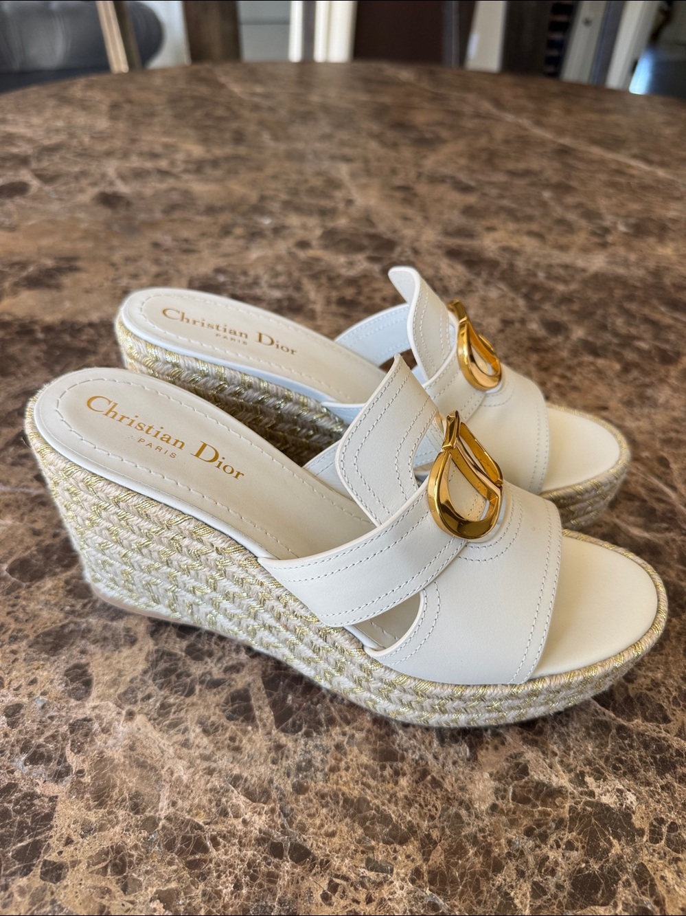 Christian Dior 30 Montaigne white wedge sandal gold logo sz 39